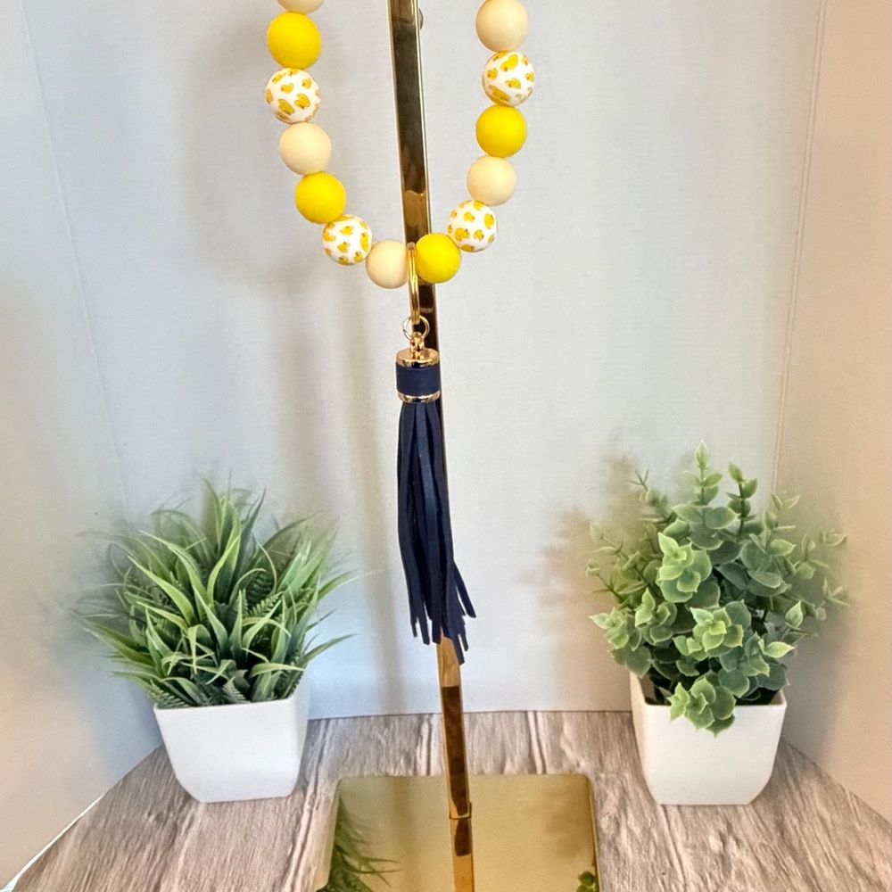 Yellow and White Rubber Duck Beaded Bracelet Keychain Navy Tassel